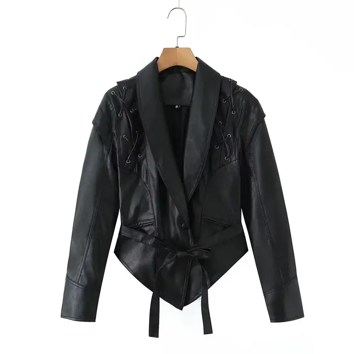 Veste en cuir rétro tendance pour femme Printemps 2026 – Style urbain, manches longues, mi-longue, c