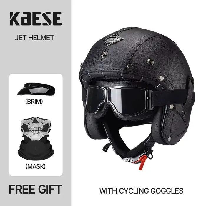 Casque de moto en cuir vintage, vieux casque de moto noir, jet Open Face Chopper, puzzles