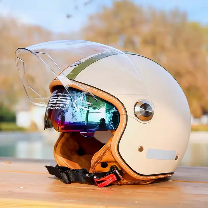 Demi-casque de moto rétro en cuir à Double visière