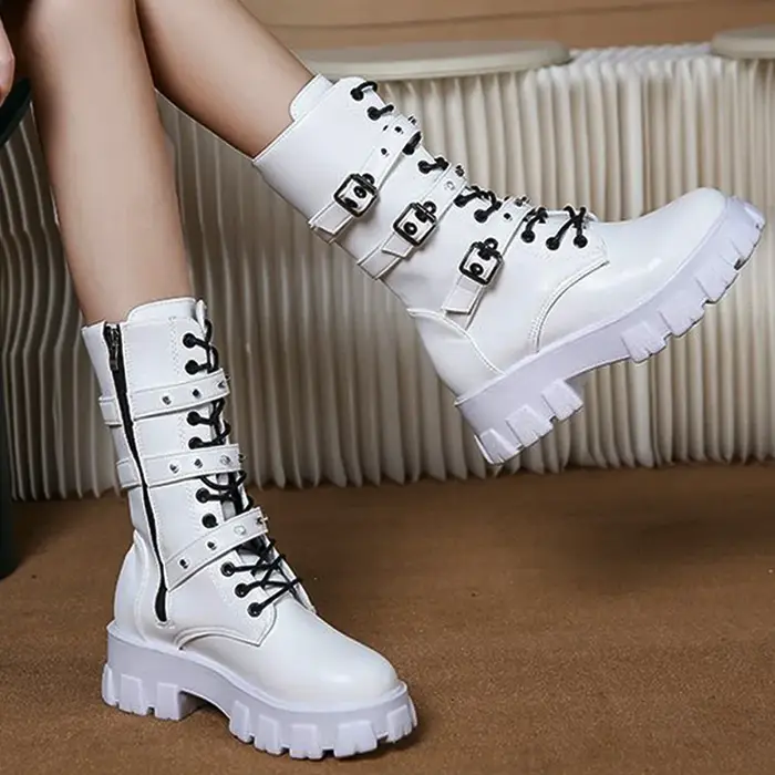 Nouvelles Bottes Punk pour Femme, Bottes de Moto à Fermeture Éclair, Bottes Mi-Mollet Automne Hiver 