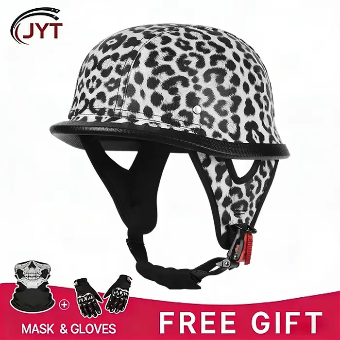 Casque demi-face homologué DOT, imprimé léopard, en cuir, pour homme et femme, moto, scooter, cyclom