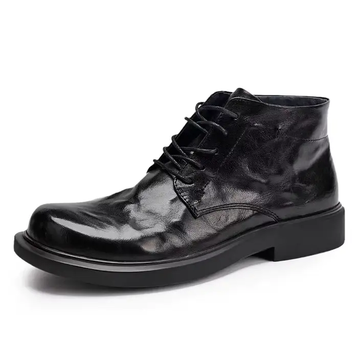 Bottes pour hommes en cuir de vachette noir froissé, à lacets, en cuir souple, bout rond, antidérapa
