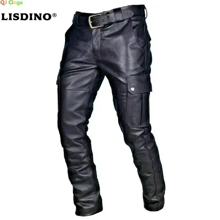 Pantalon de moto en cuir pour hommes avec poches cargo