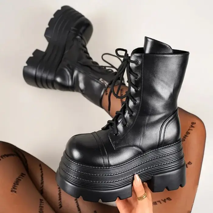 Bottes gothiques de Style Punk pour femmes, bottes en cuir mi-mollet à la mode, bottes de moto pour femmes, bottines à plateforme augmentant la hauteur