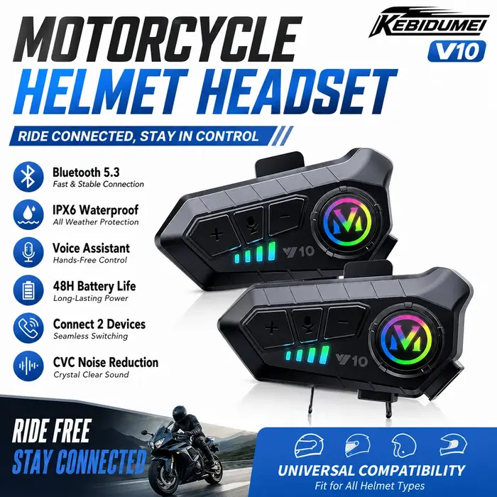 Casque de moto avec écouteurs Bluetooth 5.3, étanche IPX6, lecteur MP3, son HD, casque sans fil pour moto avec micro et accessoires