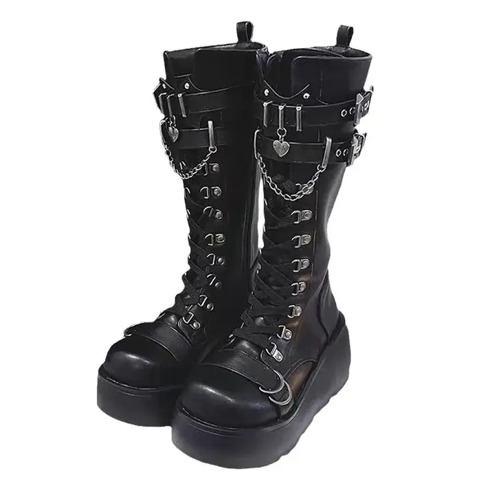 Bottes de moto, bottes à plateforme pour femmes, bottes à talons compensés, bottes hautes noires à l