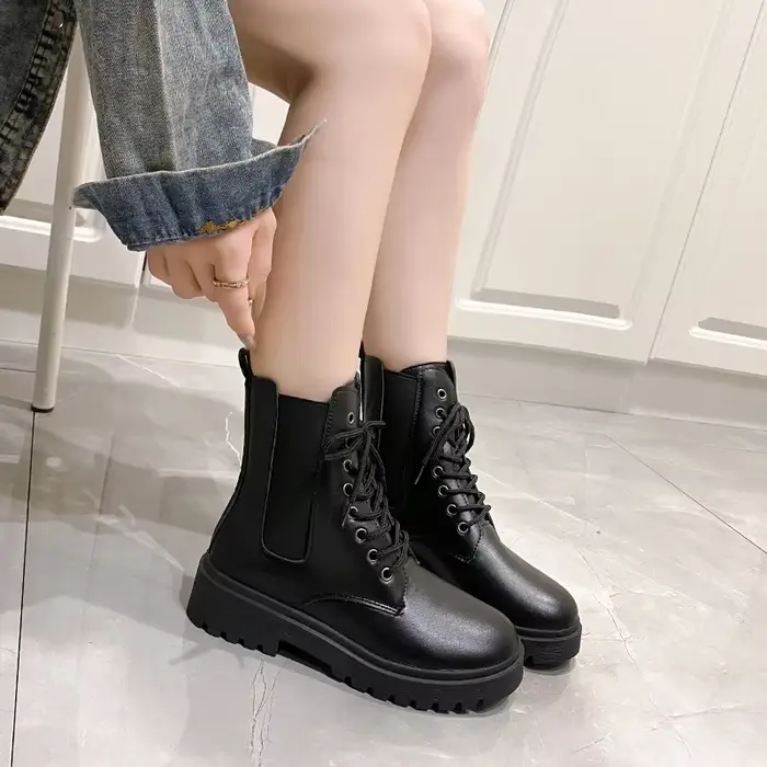 Chaussures de moto à bout rond et talon épais, mi-haut, confortables et à la mode, bottes brillantes