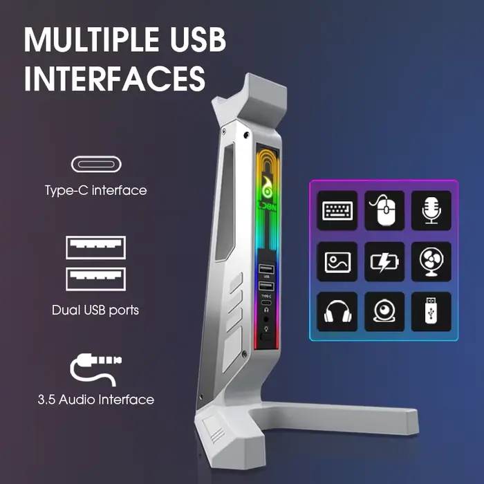 Support de casque RGB 2025 avec hub USB 2.0/ports Type-C, support de casque de jeu LED, offre de motifs et de service de logo personnalisés en cadeau