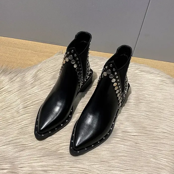 Bottes de moto pointues à rivets pour femmes, bottes mi-hautes en cuir pour dames, bottes de style b
