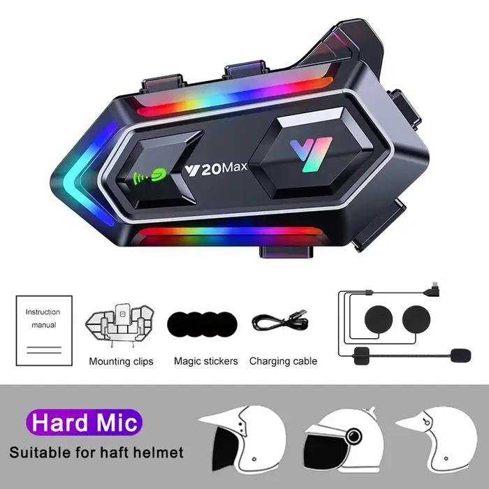1/2 pièces Y20 Max Intercom sans fil Bluetooth 5.3 pour casque de moto, étanche, 1000 mAh, haut-parl