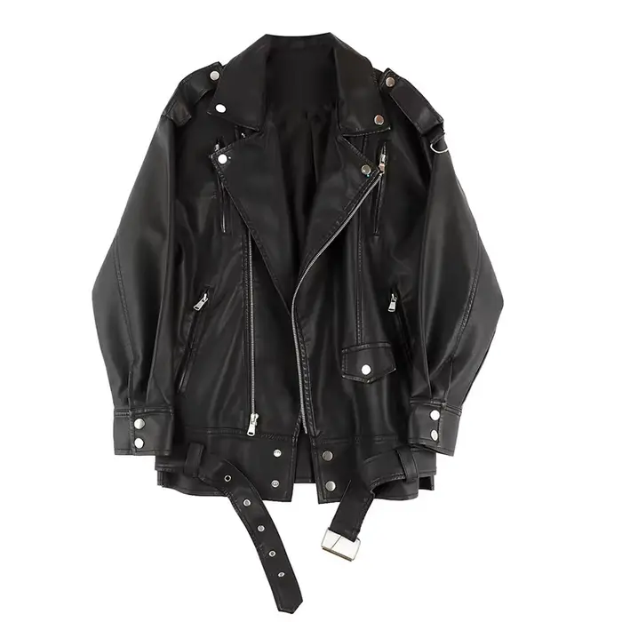 Veste en similicuir pour femme, style motard, décontractée, de luxe, avec col en cuir, coupe oversiz