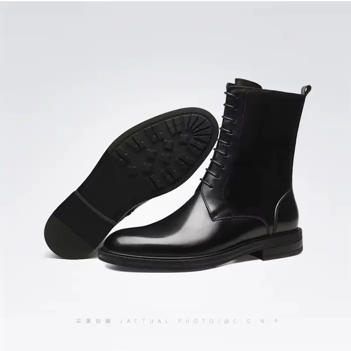 Bottes de travail, médicaments élevés. Cuir verni de bétail à tête ronde, fermeture éclair, couleur 