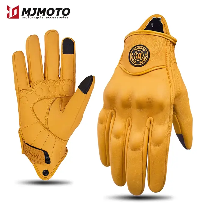 Gants de Moto Rétro en Cuir Jaune pour Homme et Femme, Accessoire Perforé et Respirant pour Course d