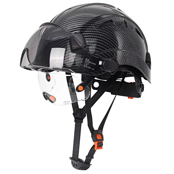 Casque de sécurité à motif en fibre de carbone avec visière et lunettes intégrées, casque de travail