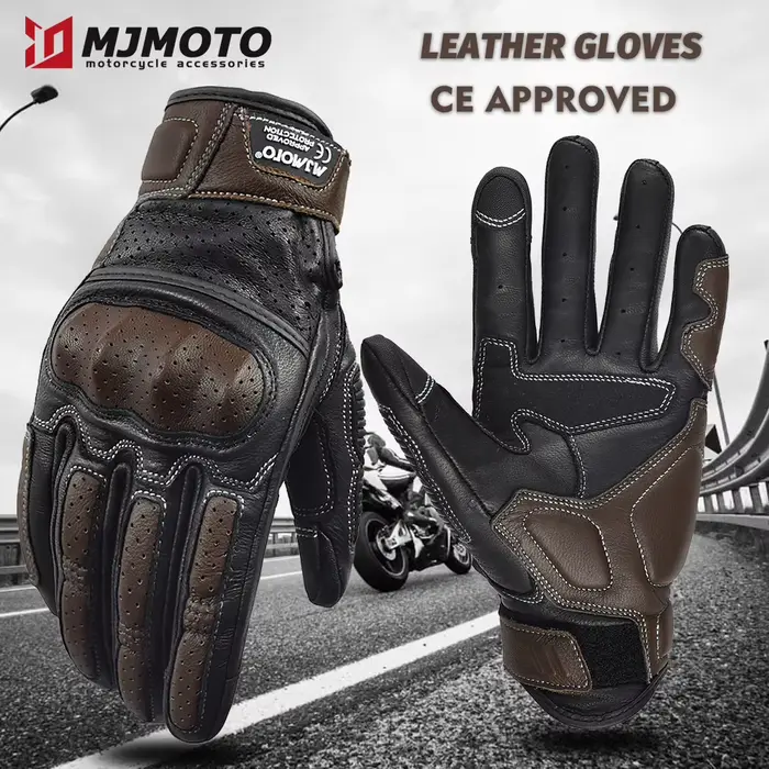 Gants de Moto en cuir marron Vintage pour hommes