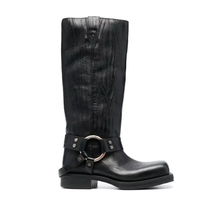 Bottes de moto en jean bleu pour femme, rivetées, avec boucle de ceinture, talon épais de 3,5 cm, bo