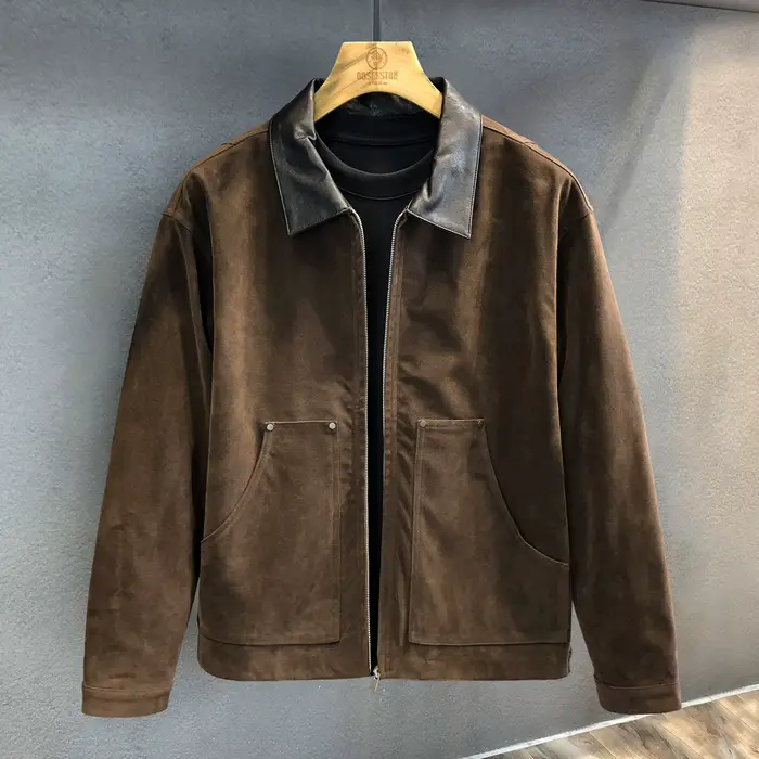 Veste en cuir de moto Amekaji en daim rétro marron foncé avec revers, style américain Badboy Chic po