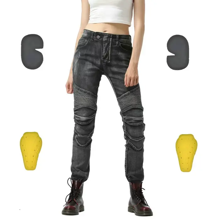 Pantalon de moto rétro pour femme, jean de moto anti-chute avec 4 protections CE pour les genoux et 