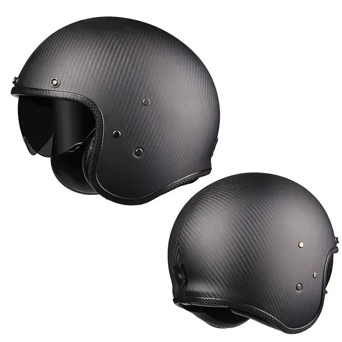 Casque Moto Vintage Jet Rétro 3/4 en Fibre de Carbone Authentique pour Cafe Racer avec Visière Intér