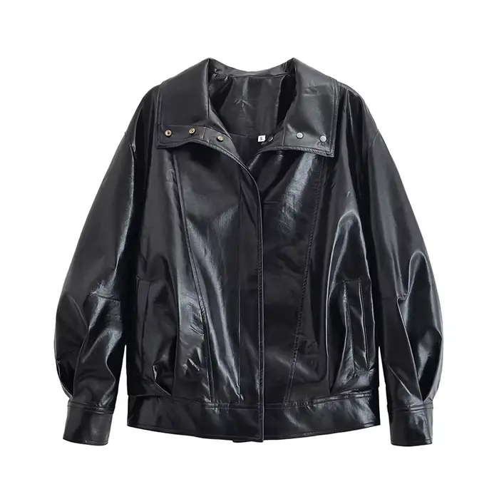 Veste en Faux cuir PU noir pour femme, manches longues, Design à revers, fermeture à glissière, déta
