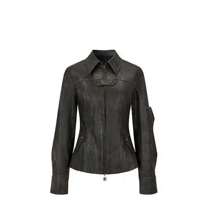 Veste en cuir à rivets pour femme, manteau court, coupe cintrée, rétro, polyvalent, printemps, autom
