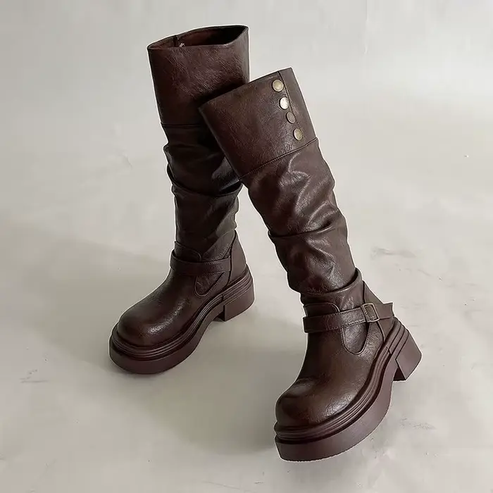 Bottes de moto à plateforme pour femmes, bottes à semelles épaisses avec sangle à boucle, en cuir PU