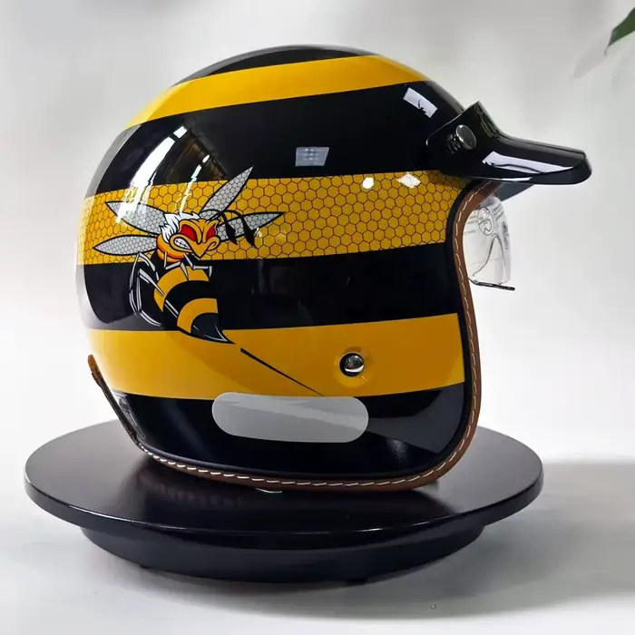 Nouveau casque de moto rétro abeille jaune coque 3/4 pare-brise intégré