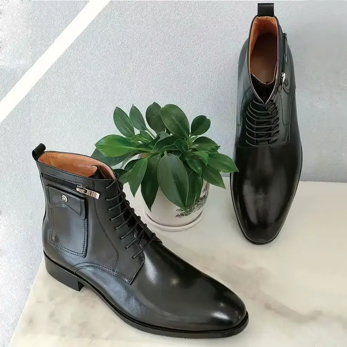 NiceBlack-Bottes de rinçage en cuir véritable faites à la main pour hommes