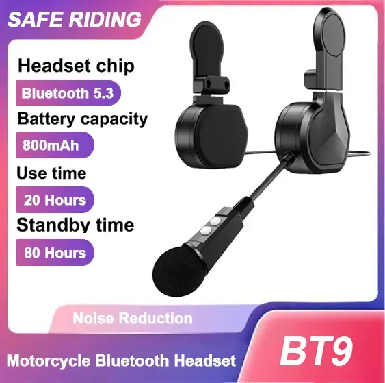 Casque Bluetooth pour moto BT9, avec support à Clip, étanche 800mAh, commande vocale, appel mains libres, lecteur de musique, haut-parleur