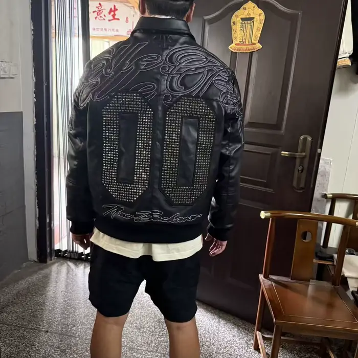 Blouson de moto en cuir PU avec broderie de diamants, manches en coton, style locomotive, Chaqueta B