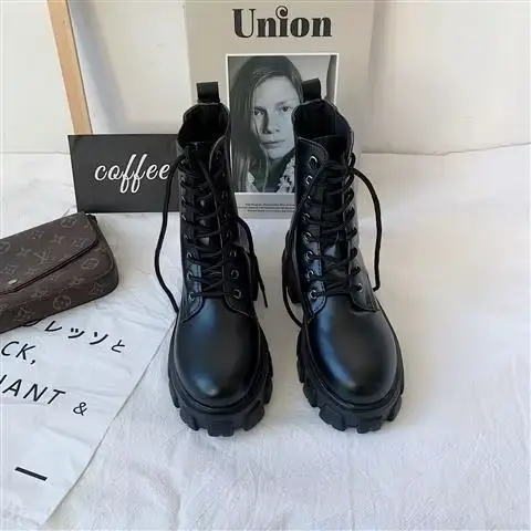 Bottes à Baril Court en Cuir pour Femme, Chaussures Confortables et Élégantes à Talons Bas, Platefor