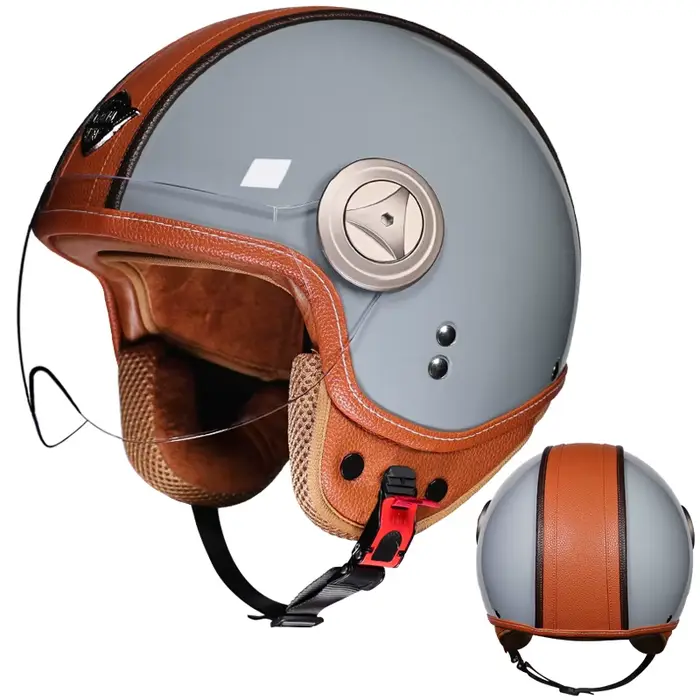 Casque de moto demi-visage rétro couture en cuir Beige marron