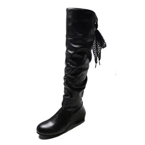 Bottes hautes plissées en cuir pour femmes, talon bas, chaussures longues pour femmes, rouge, noir, 