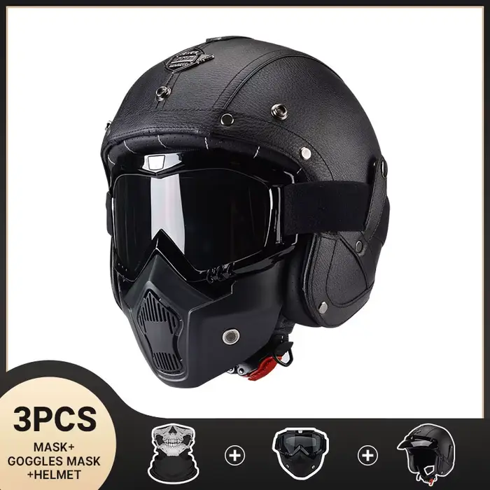 Casque de moto vintage pour homme, toutes saisons, en cuir, pour scooter, moto électrique, avec masq