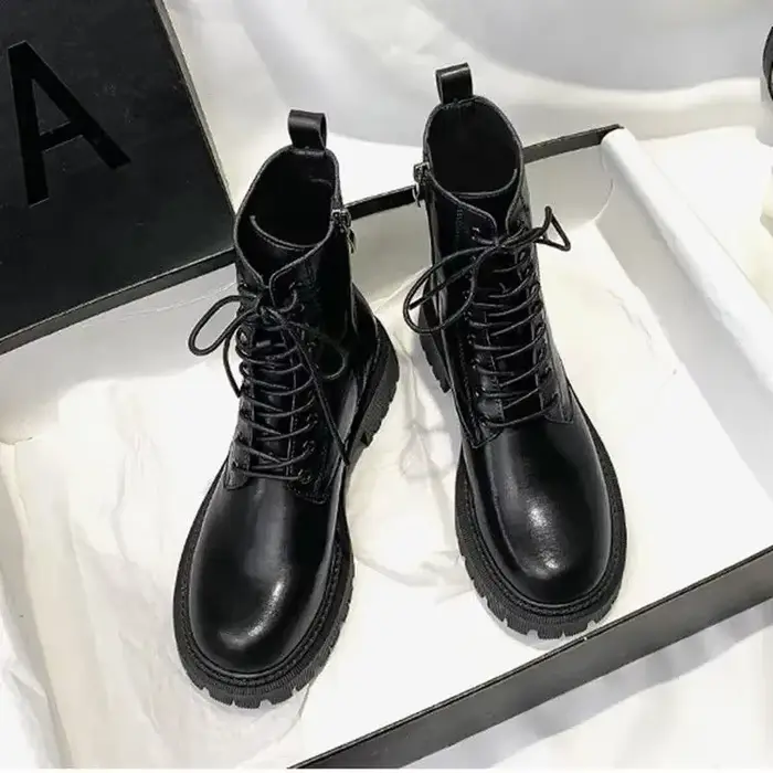 Bottines en cuir Pu marron pour femmes, chaussures de moto courtes en peluche, Vintage, à lacets, av