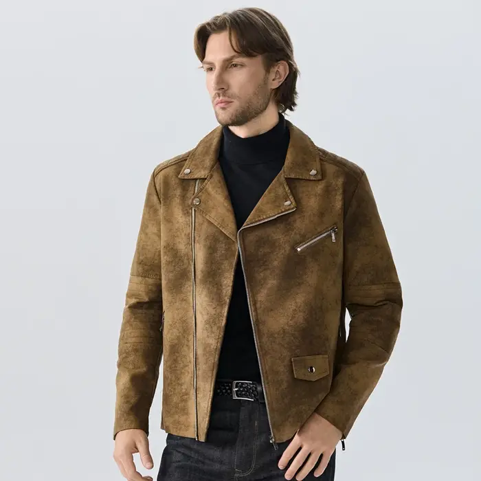 Veste d'hiver en cuir suédé pour homme, haut de gamme, nouveau Punk américain, beau coupe-vent, vêtements rétro marron à revers