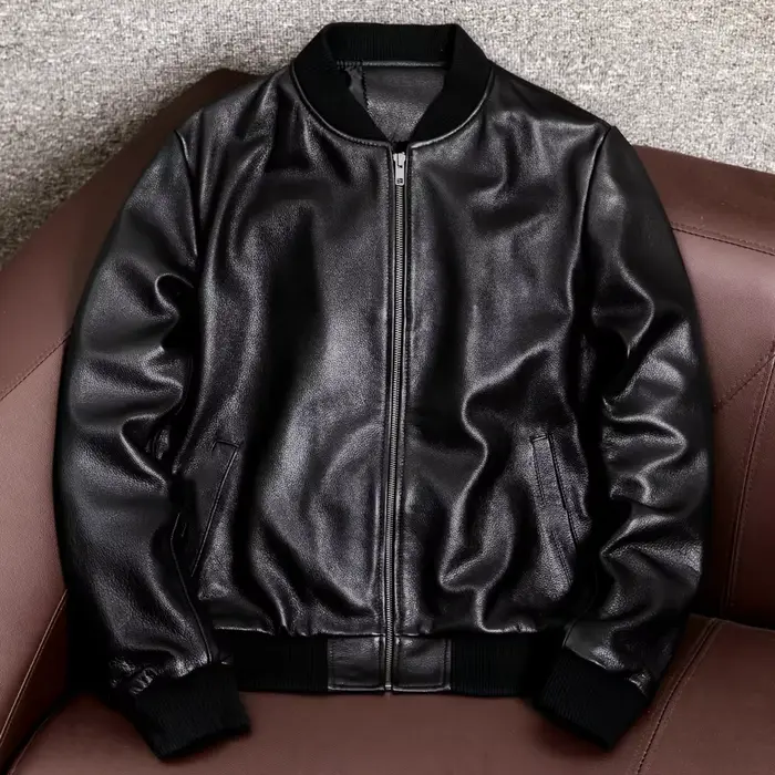 Veste de moto en cuir véritable pour homme, manteau d'aviateur doux en peau de mouton noire, grande 