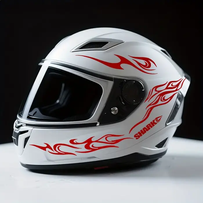 Ensemble d'autocollants pour casque de moto à texture de flamme rétro 8 en 1 avec lettres "Shark"