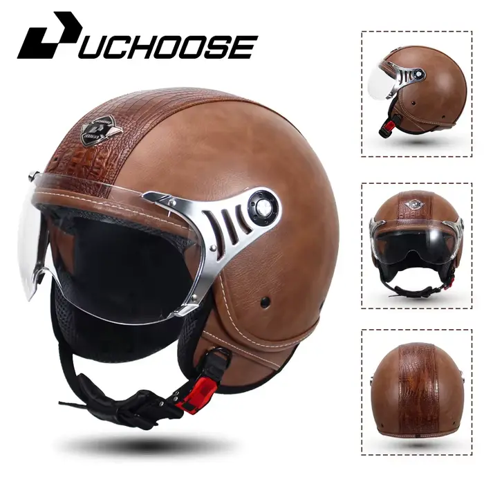 Casque ouvert en cuir Vintage pour moto