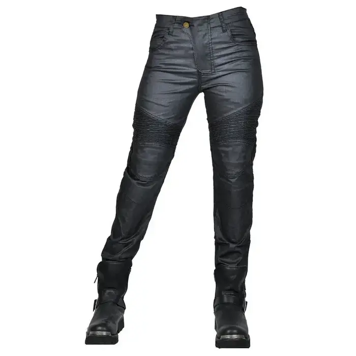 Jean de moto pour femme en denim enduit noir, résistant à l'eau, pantalon de motard, style urbain, p