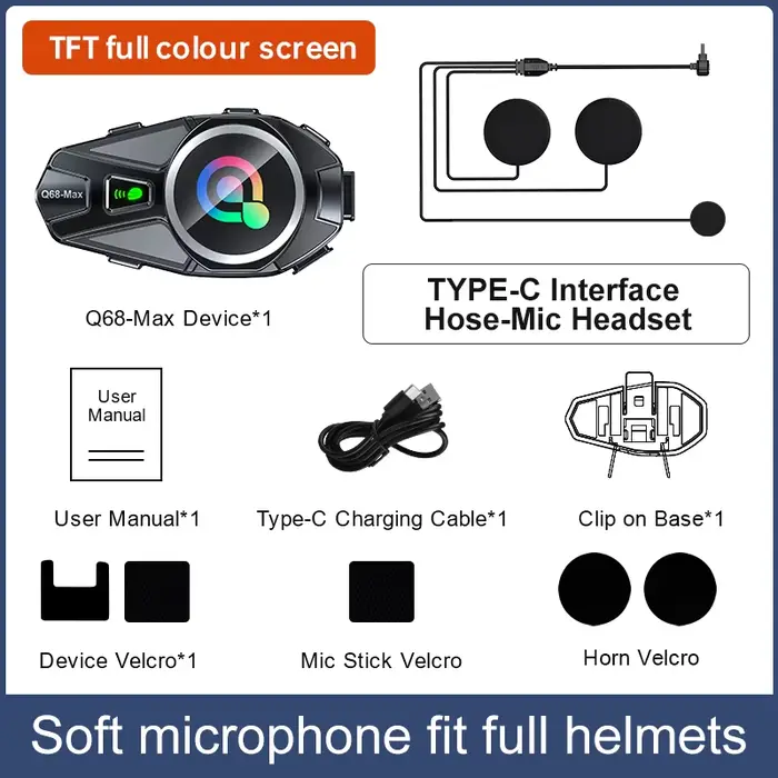 Q68 Max Moto Interphone casque casque Interphone avec TFT couleur HD écran Bluetooth5.4 Intercomunic