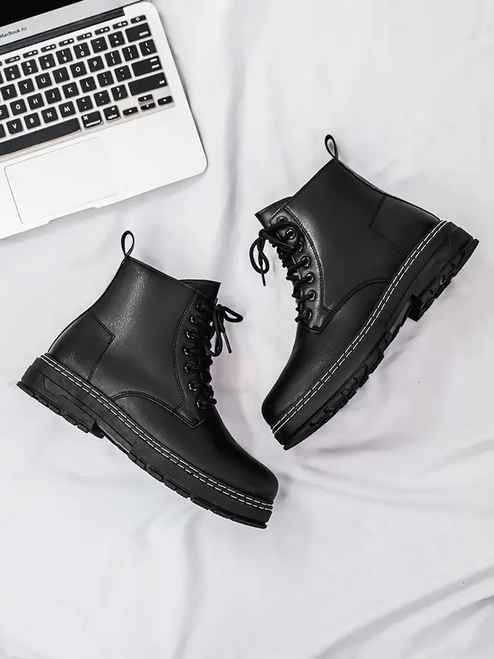 Bottes de moto en cuir verni noir pour homme, 4 saisons - Style britannique classique, bottes de ran