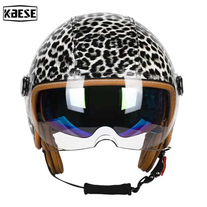 Casque de moto à visage ouvert 3/4 au design léopard élégant pour femme avec doublure confortable, i