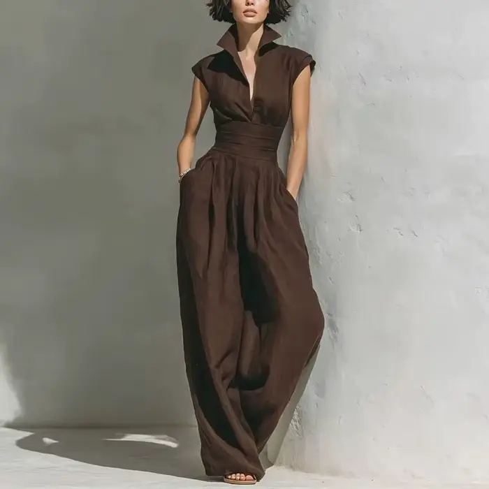 Combinaison élégante sans manches pour femme, décolleté plongeant, col montant, taille haute, chic p
