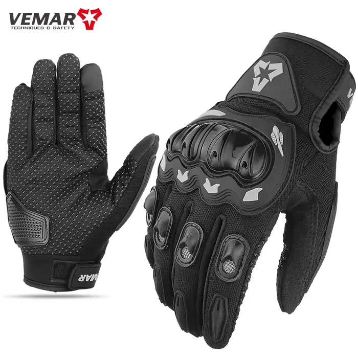 VEMAR-Gants de moto d'été pour hommes et femmes, noirs, doigt complet, écran tactile, cyclisme, VTT,