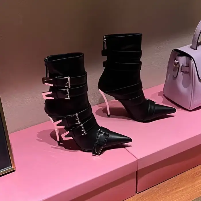 Bottes de moto mi-mollet avec structure en métal pour femmes, chaussures à talons minces, bottes de 