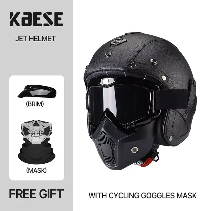 Casque ouvert à profil bas classique, style JET, casque de moto vintage, cuir rétro, 138 pendentifs,