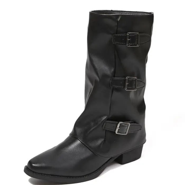 Bottes de motard pour femmes, mi-mollet, à coupe souple, avec 3 boucles métalliques décoratives, en 