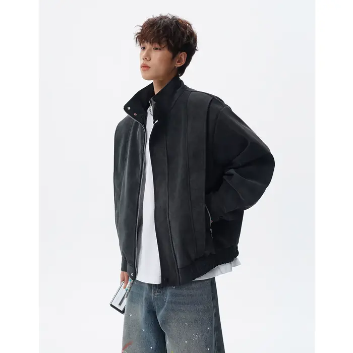 Blouson moto homme tendance à col montant, design patchwork, vêtement d'extérieur mode pour homme