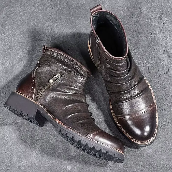 Bottes basses en cuir plissé vintage pour hommes, bout rond, fermeture éclair latérale, semelle épai
